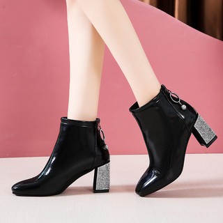 Giày Cao Gót Đính Đá Hàn Quốc S004/ Giày Cao Gót Da Bóng/ Bốt Hàn Quốc Cá Tính/ Bốt Đế Vuông Đính Đá