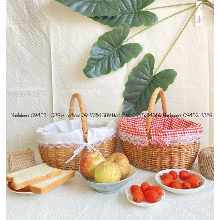 Giỏ pinic có lót vải HANHDECOR , giỏ mây có quai xách đựng trái cây, giỏ đựng trái cây bánh kẹo