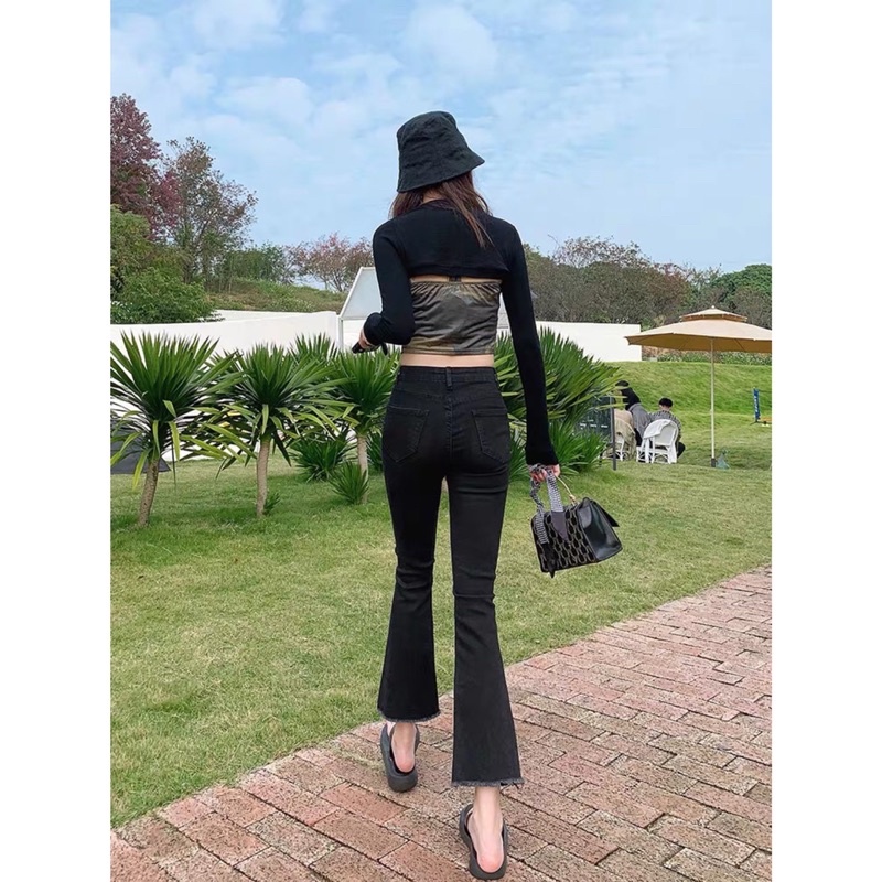 Quần jeans bò ống loe màu đen cao cấp cho nữ
