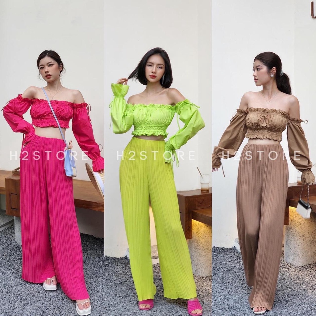 Đồ bộ nữ quần ống suông rộng, vải lụa dập ly xốp, phối áo thời trang freesize dưới 57kg