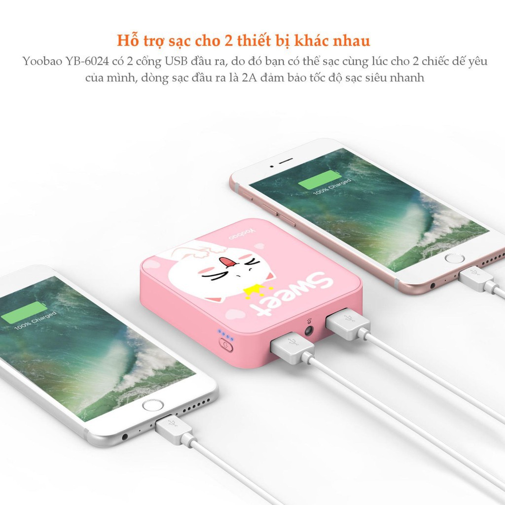 Pin Sạc Dự Phòng YooBao 10.000 mAh Chính Hãng (6024 Mini) - Có 2 Đầu Sạc Micro + Lightning, 2 Cổng USB( Video chi tiết)