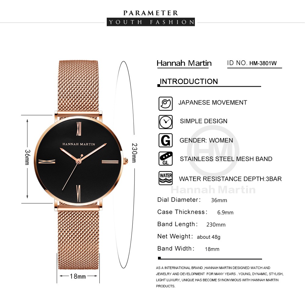 Đồng hồ nữ Hannah Martin chính hãng - model HM - 3801wf - dây thép không gỉ - bảo hành 1 năm | BigBuy360 - bigbuy360.vn