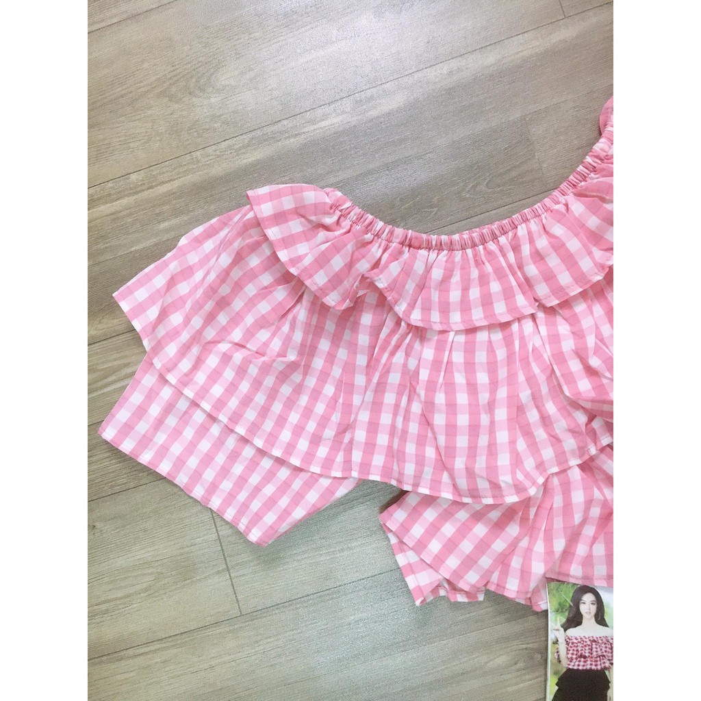 ÁO KIỂU CARO CROPTOP PHỐI BÈO TRƯỚC NGỰC | BigBuy360 - bigbuy360.vn