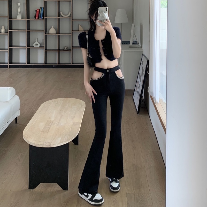 Quần jeans Lưng Cao Ống Loe Phối Dây Xích Phong Cách Hàn Quốc Thời Trang Cho Nữ