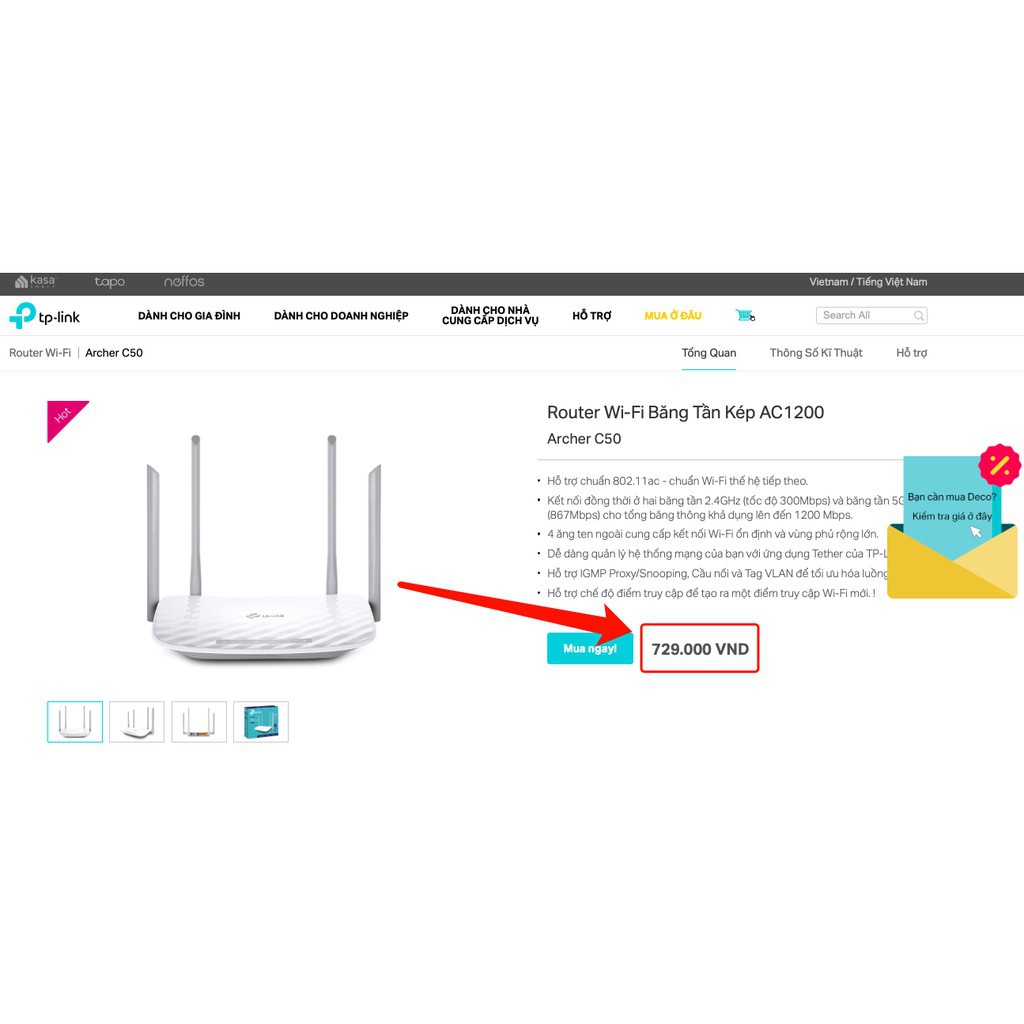 TP-Link WiFi AC 1200Mbps -  Bộ phát wifi không dây (Thiết bị mạng) - Archer C50 - BH 24 tháng - Hàng Chính Hãng