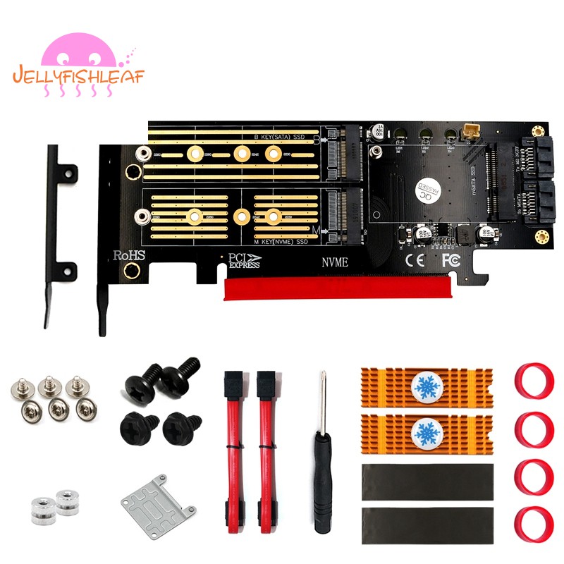 Upgrade Version 3 in 1 Msata and M.2 NGFF NVME SATA SSD to PCI-E 4X and SATA3 Adapter with Cooling Heat Heatsink Gold