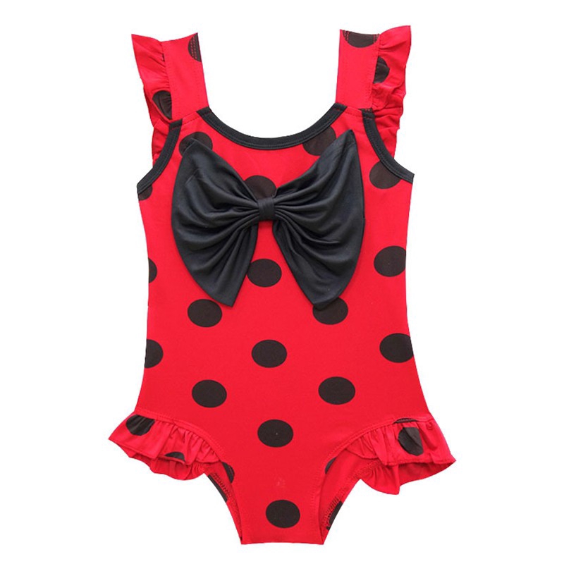 Kids Girls Swimsuit Black Dot Printed Bow Ruffle One Piece Beach Costume Swimming