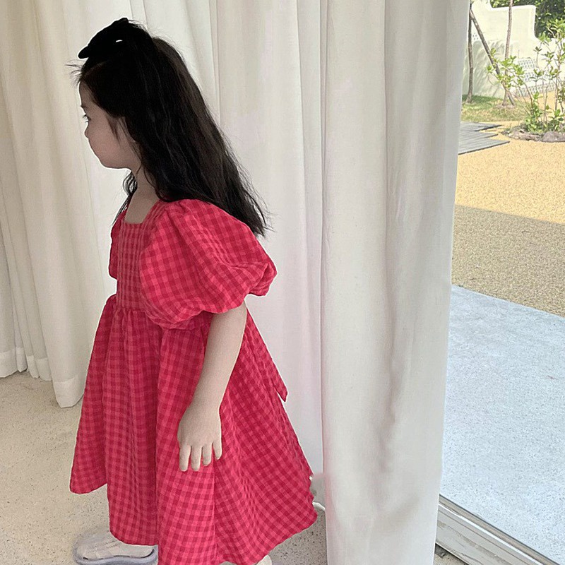 Đầm Công Chúa Tay Phồng Ngắn Cổ Vuông Thắt Nơ Họa Tiết Kẻ Ô Thời Trang Mùa Hè Hàn Quốc Dành Cho Bé Gái