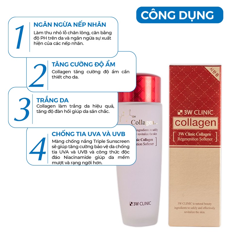 Nước hoa hồng dưỡng da săn chắc chống lão hóa Collagen 3W CLINIC Hàn Quốc 150ml