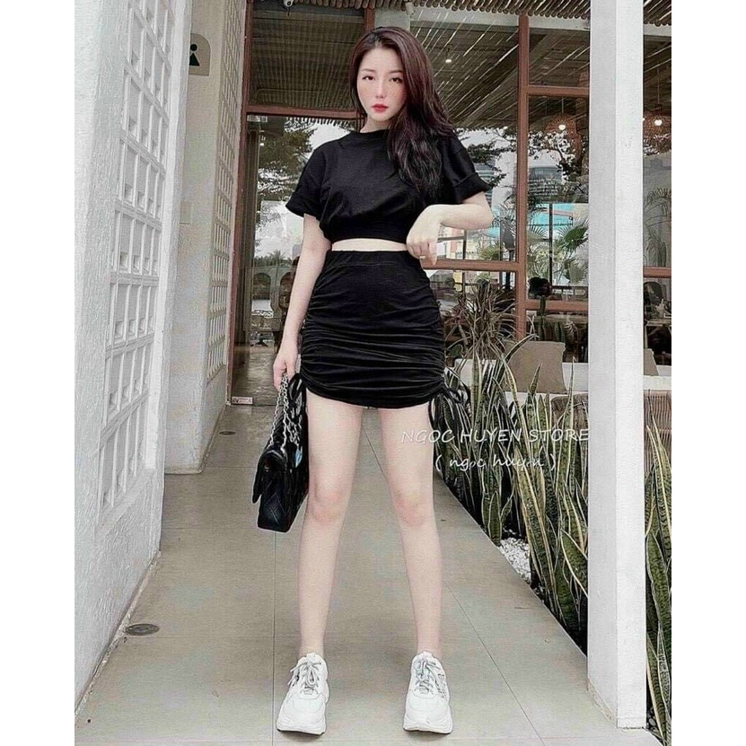 Sét áo kèm chân váy nữ áo kiểu croptop tay ngắn phối chân váy mini nhún hông