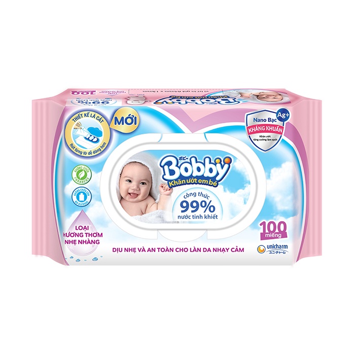 Khăn ướt Bobby 100 tờ dịu nhẹ và an toàn cho làn da nhạy cảm