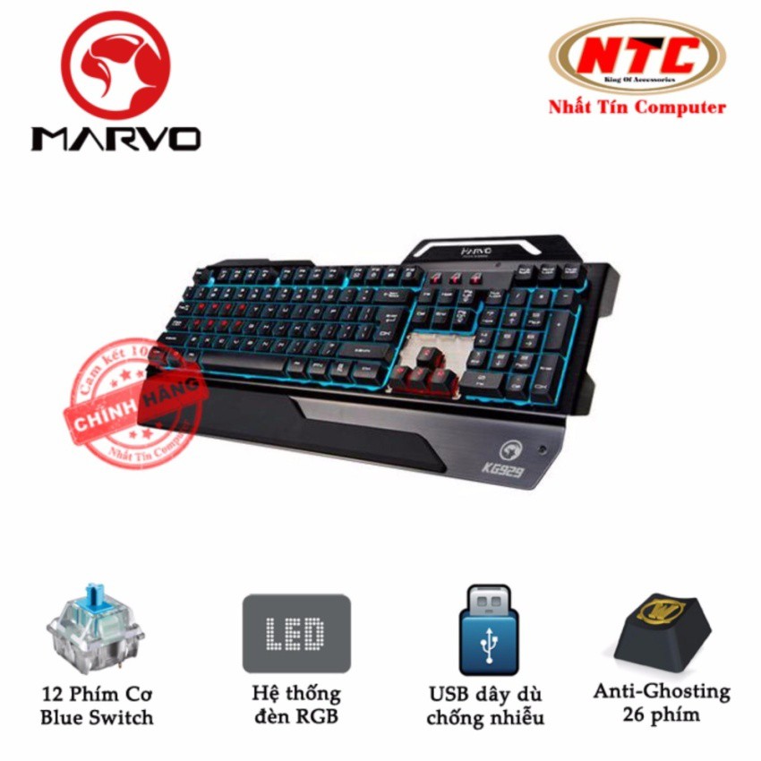 Bàn phím bán cơ game Marvo KG929 led RGB-tích hợp 12 phím cơ Blue Switch