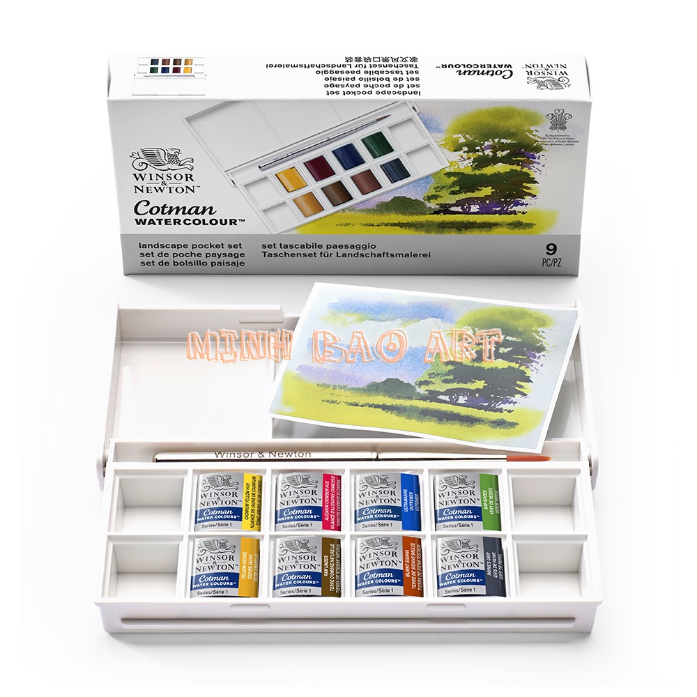 MÀU NƯỚC CAO CẤP AQUARELLE COTMAN WINSOR &amp; NEWTON (HỘP NHỰA GỒM 8 MÀU, 1 CỌ)