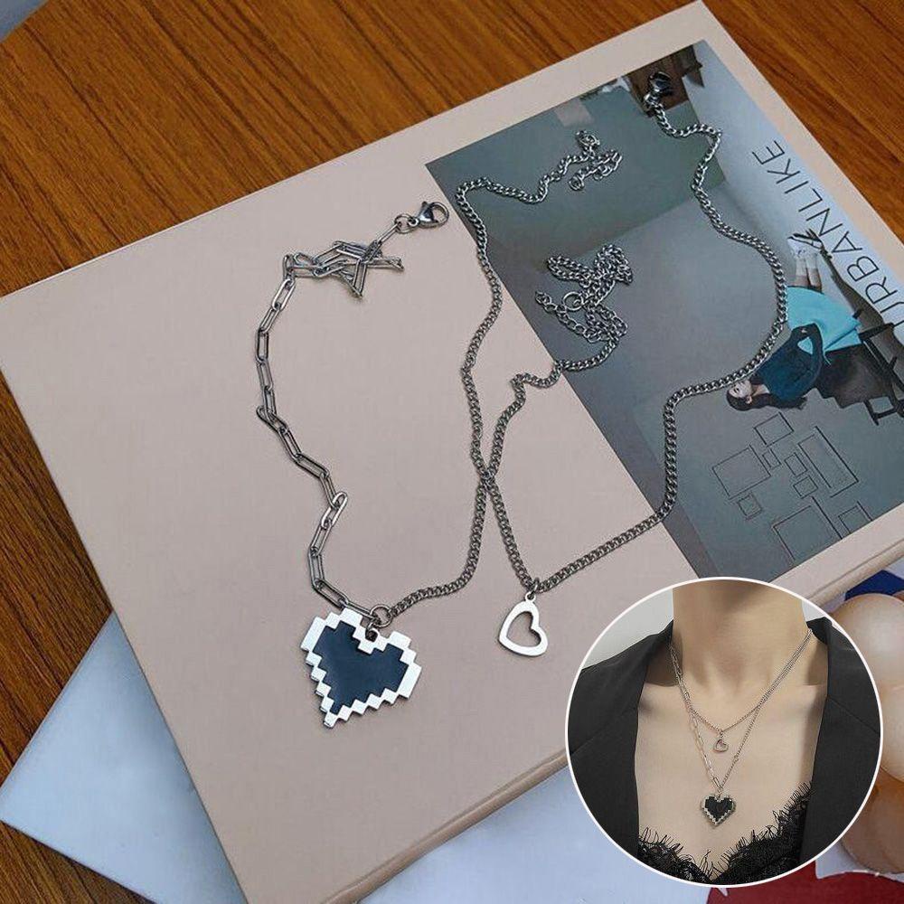 Vòng cổ Hai Lớp Màu Đen Trang Trí Hình Trái Tim Phong Cách Mosaic Thời Trang Dành Cho Nam Nữ