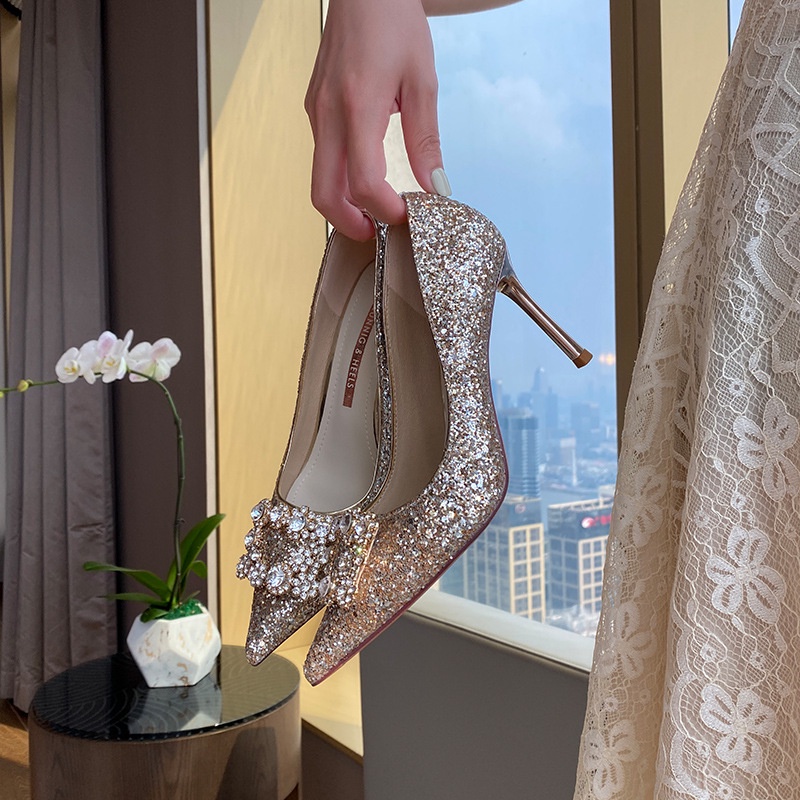 Giày Cao Gót Ánh Bạc Đính Kim Sa Lấp Lánh Thời Trang Mới 2021 Cho Phù Dâu