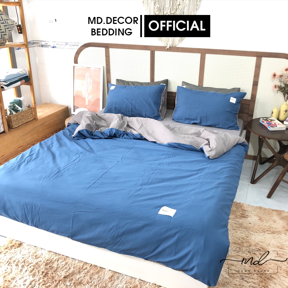 Bộ chăn ga gối cotton tici MD.Decor màu xanh dương phối xám nhiều kích thước nệm m2,m4,m6,m8
