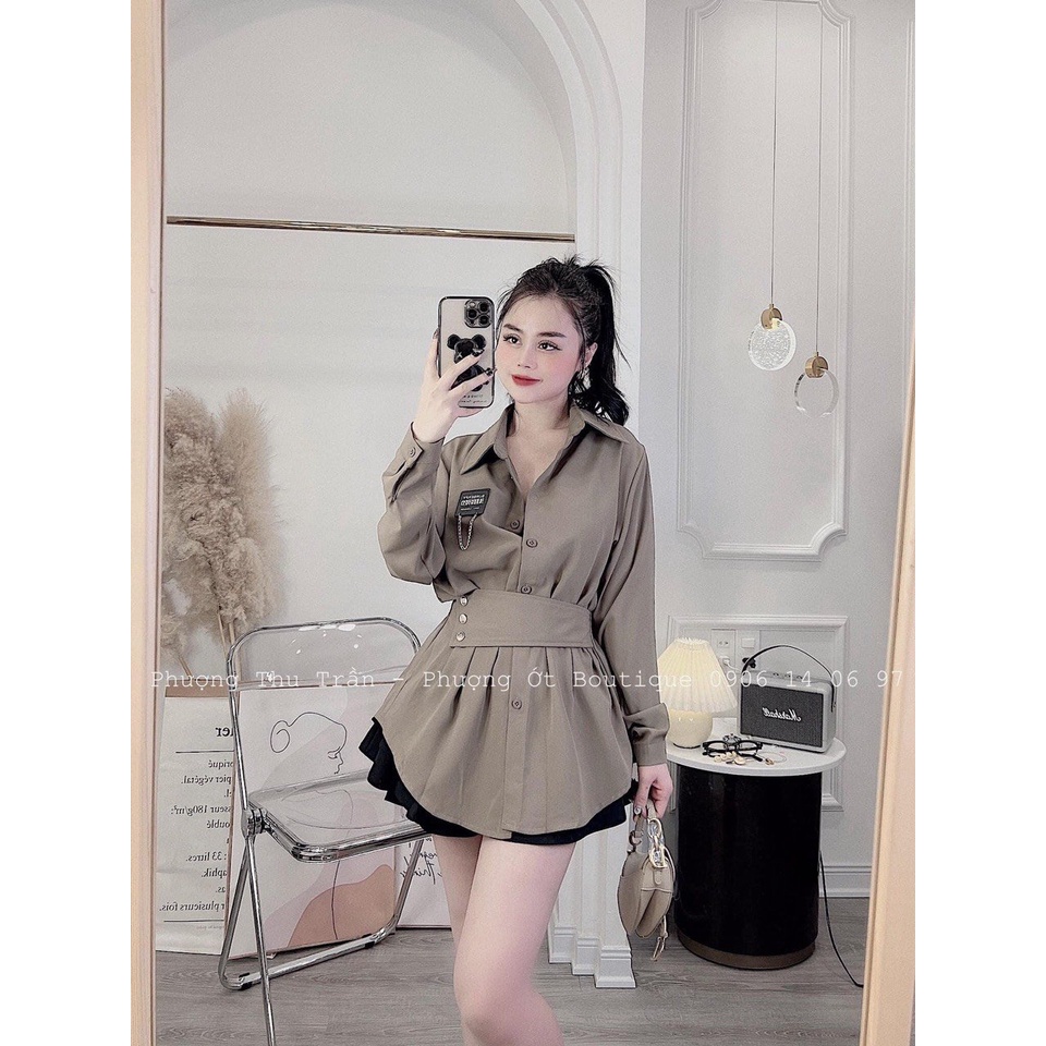 Áo sơ mi nữ dáng dài form rộng may logo, áo sơ mi dài tay công sở siêu xinh