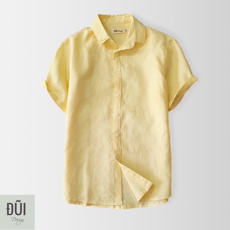 Áo đũi (linen) nam cài khuy cổ bẻ cộc tay vàng M9