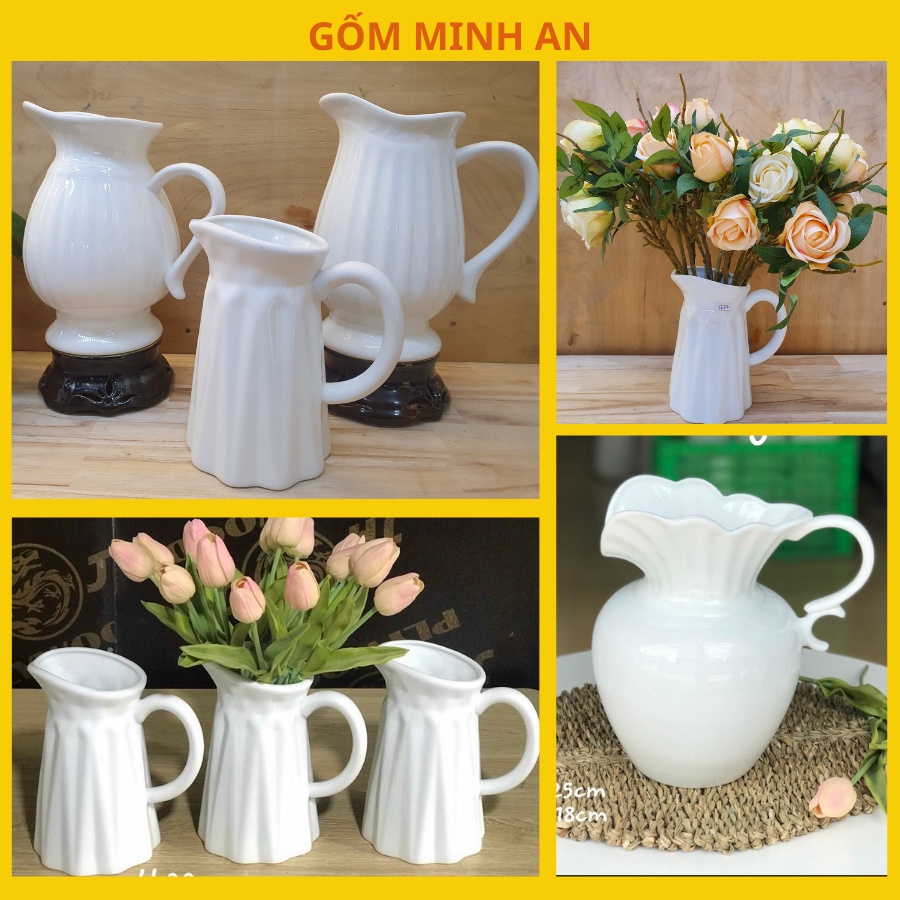 Lọ hoa dáng bình sữa gốm Minh An Bát Tràng men trắng