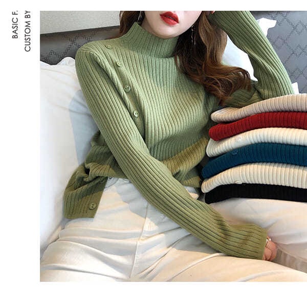 Áo len cổ cao tay dài phối nút thời trang xinh xắn cho nữ