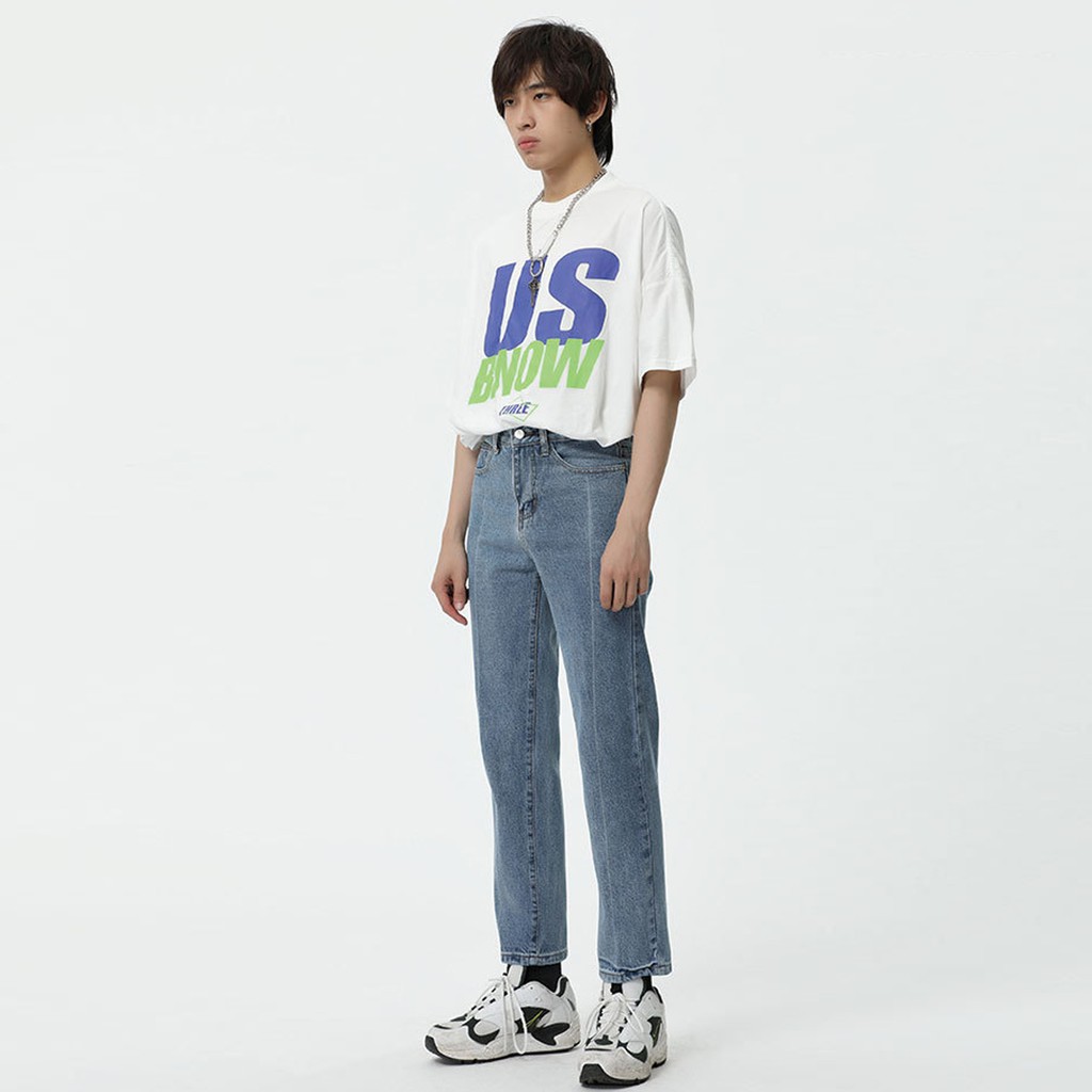 Quần jeans ống côn JAMS xanh nhạt form slimfit washed jeans nam nữ phong cách Hàn Quốc