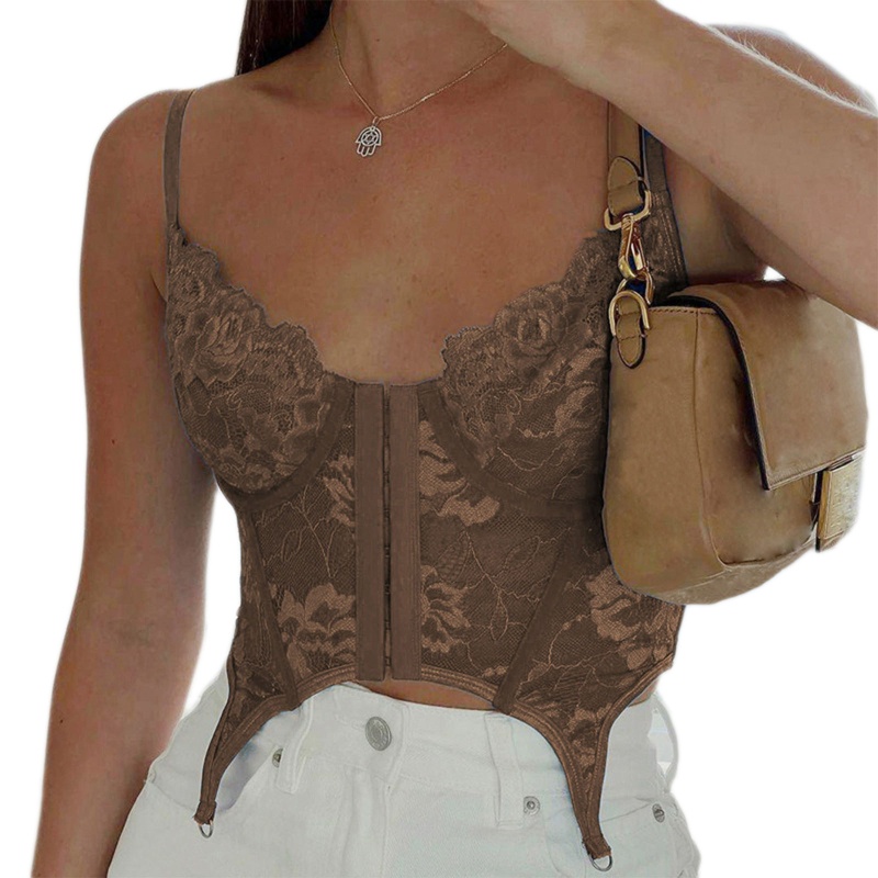 Brroa Áo Lưới Croptop Hai Dây Phối Ren Hở Lưng Gợi Cảm Cho Nữ