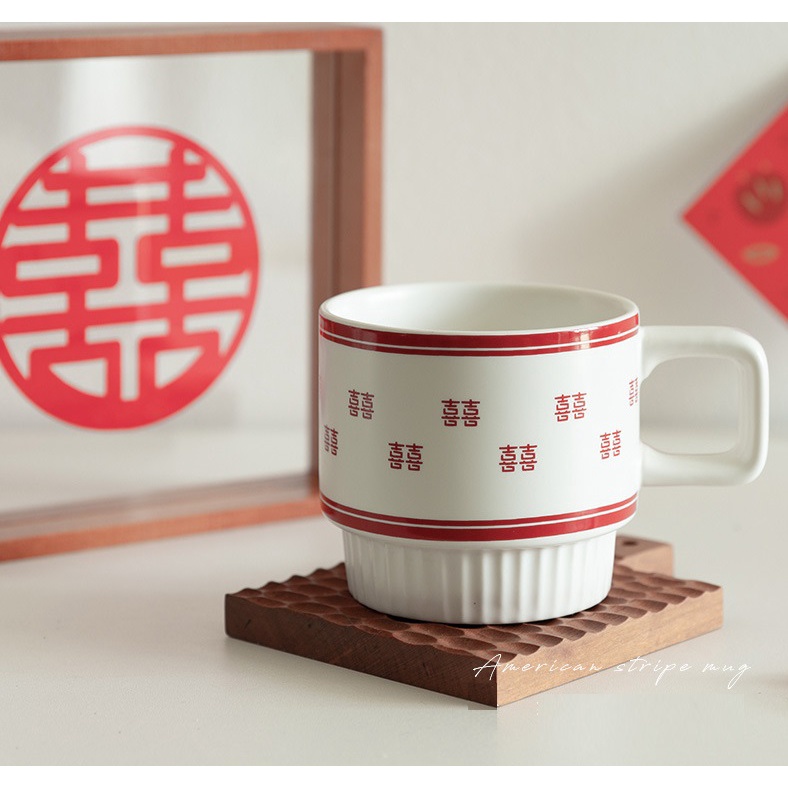 Cốc sứ cao cấp uống trà, cafe 320ml in chữ hỷ quà mừng đám cưới