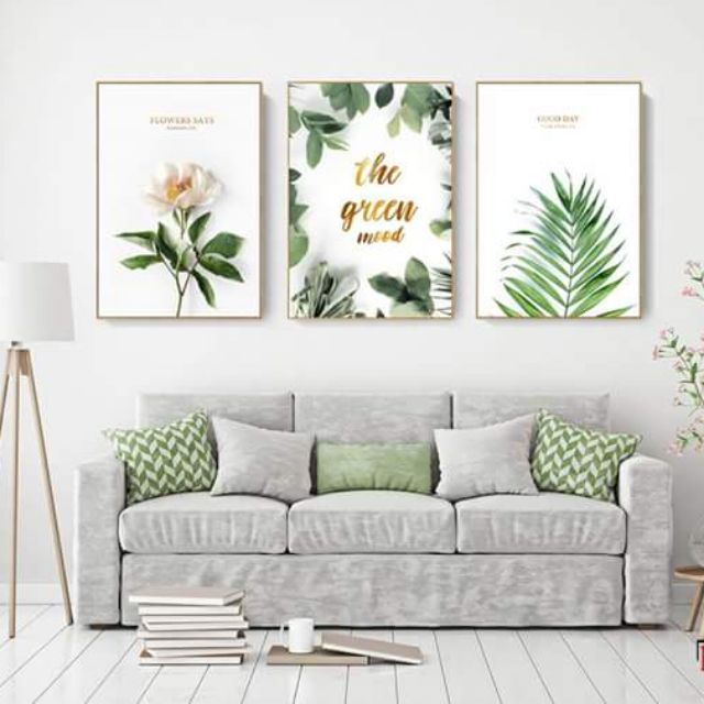 Bộ 3 tranh canvas hoa lá cọ đẹp 40x60 kèm khung nhựa composite 2cm