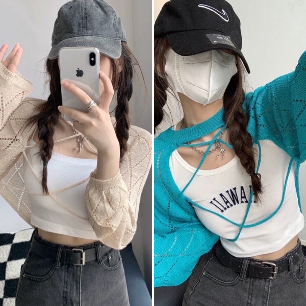Áo khoác len vân trám chui đầu đan dây sexy cá tính