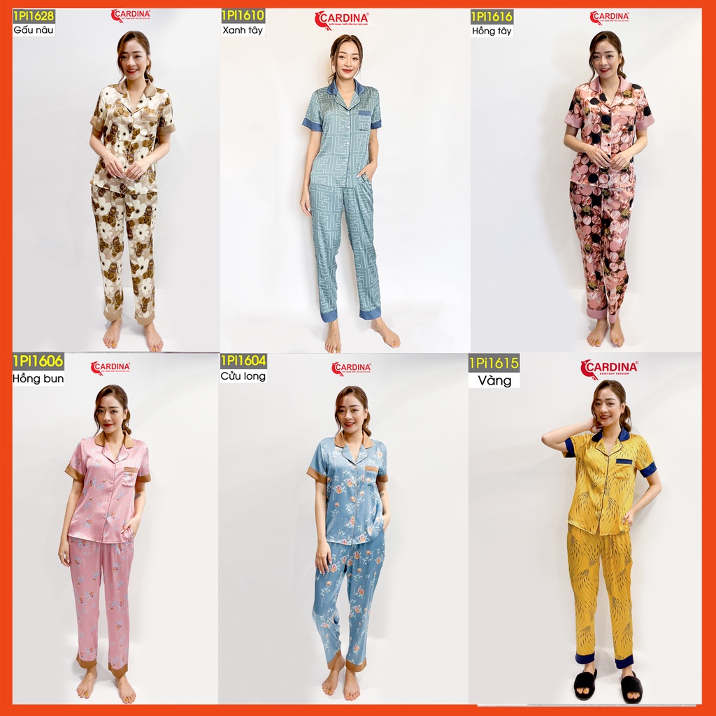 Đồ bộ pijama nữ CARDINA chất lụa satin Nhật cao cấp quần dài áo cộc tay họa tiết tinh tế trẻ trung 1Pi16.