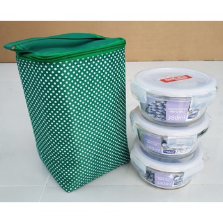 Bộ 3 Hộp Thủy Tinh Lock&Lock 380ml, kèm Túi Giữ Nhiệt