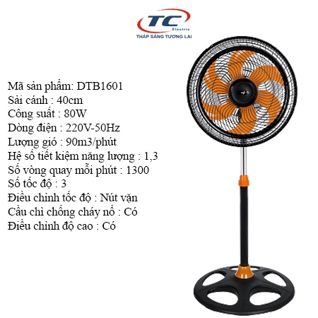 Quạt đứng bán công nghiệp ASIA Turbo DTB1601 Đen - 80W - Sải cánh 40cm