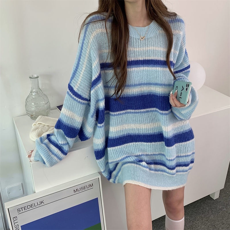 Áo sweater Dáng Rộng Họa Tiết Kẻ Sọc Phong Cách Hàn Quốc Thời Trang Cho Nữ