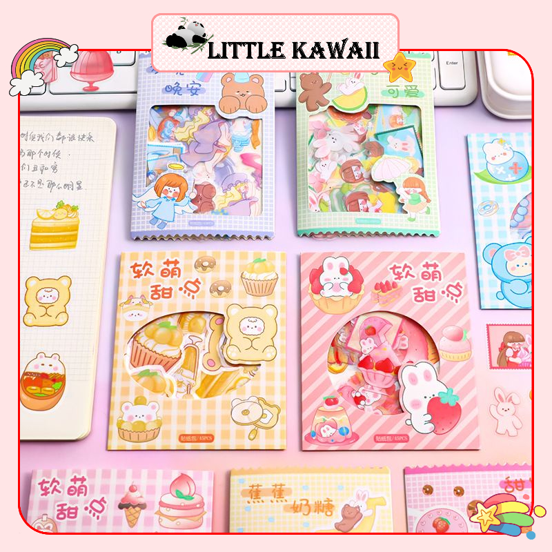 Set 45 miếng sticker hình dán hoạ tiết hoạt hình gấu &amp; thỏ dễ thương