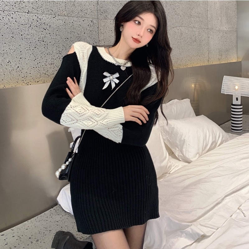 Đầm nữ dệt kim ZHELIHANGFEI tay dài lộ vai gợi cảm thời trang