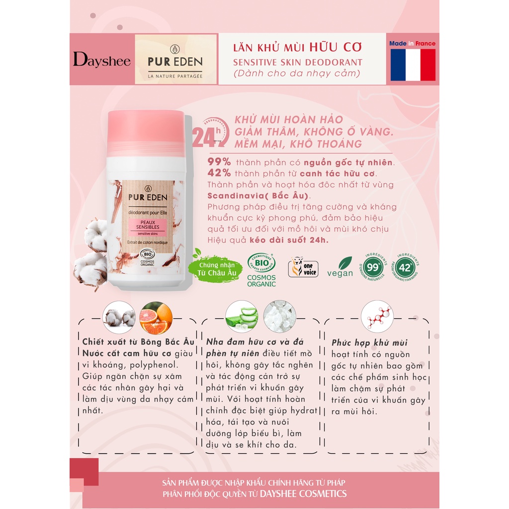 Dayshee Lăn Khử Mùi Hữu Cơ Pur Eden Sensitive Skin Deodorant 50ml - Màu Hồng