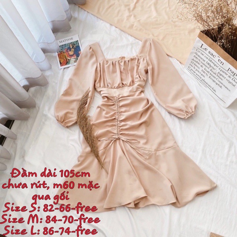 Đầm cổ vuông rút bèo tay dài | BigBuy360 - bigbuy360.vn