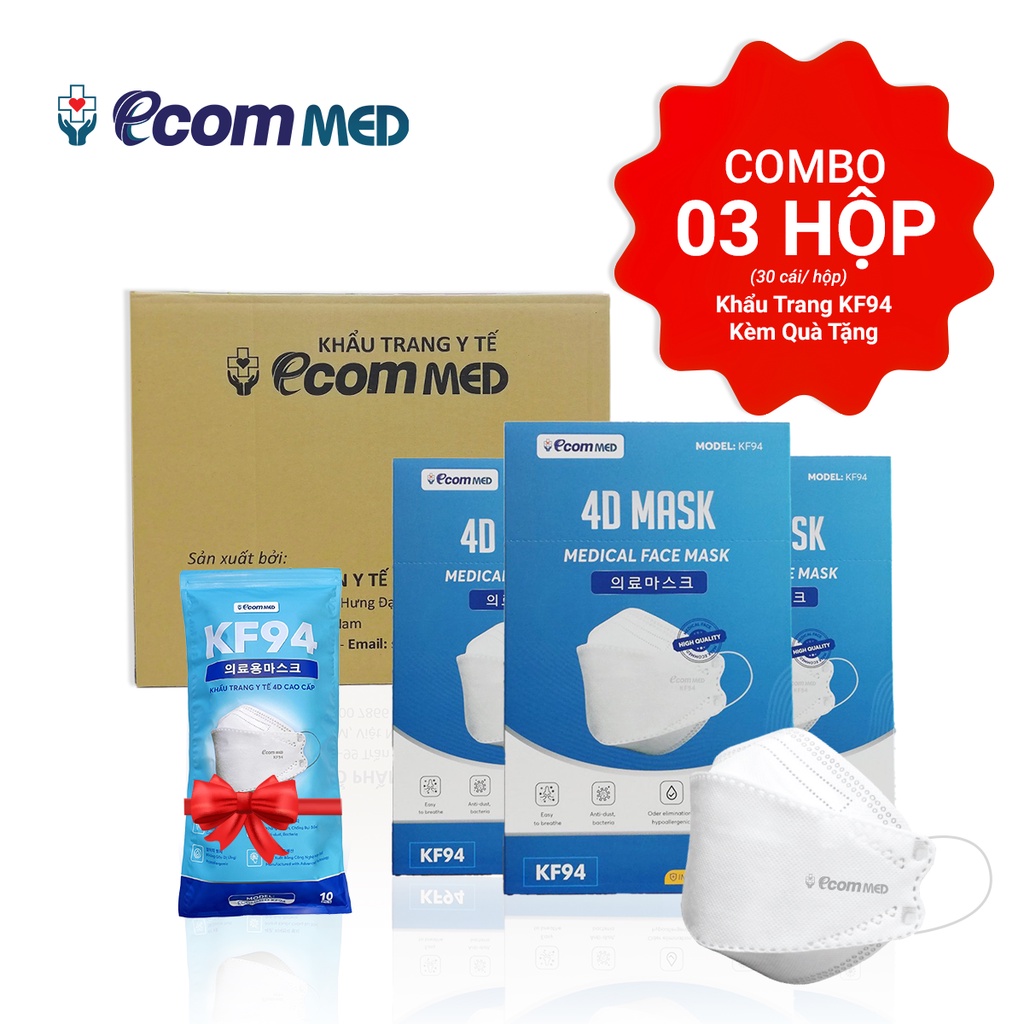 Combo 3 Hộp Khẩu Trang 4D KF94 EcomMed (Hộp 30 cái) - Tặng Thêm 1 Bịch 10 cái - Đạt chuẩn FDA Hoa Kỳ