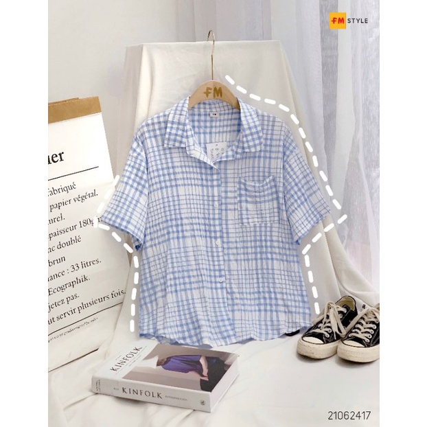 Áo sơ mi caro nữ FM Style tay ngắn form rộng chất Đũi xuất xịn phong cách ulzzang Hàn Quốc trẻ trung 21062417