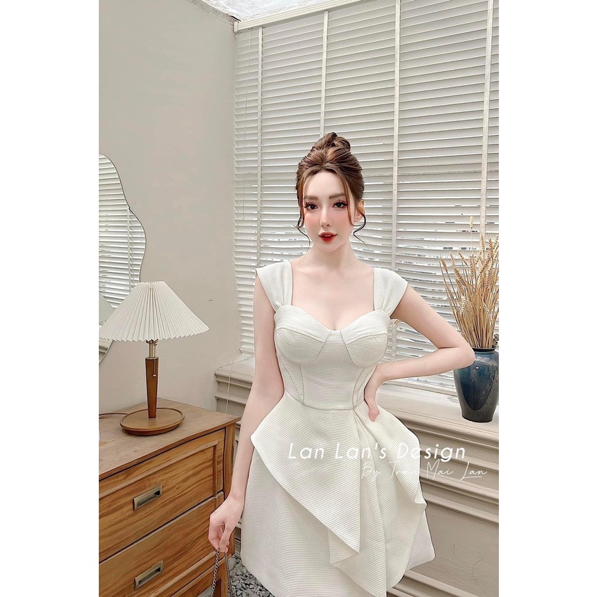 ĐẦM DẠ CÚP NGỰC TAY BẢN TO XẾP TÀ ĐÍNH ĐÁ CAO CẤP