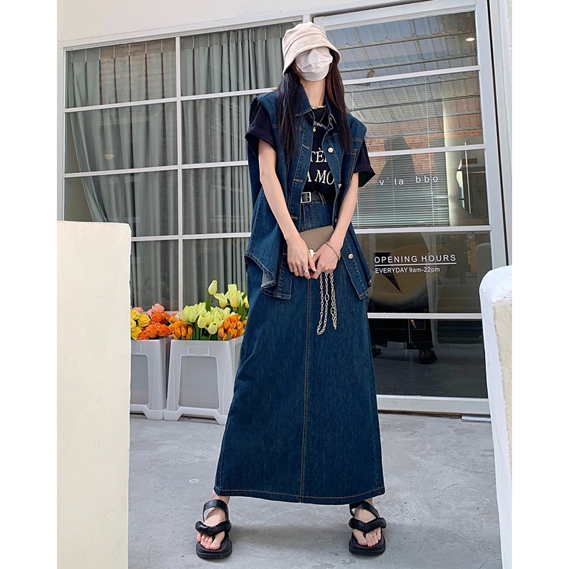 Áo khoác denim sát nách/ Chân váy denim xẻ tà Peppermint 53642 phong cách Hong Kong cổ điển thời trang mùa hè mới