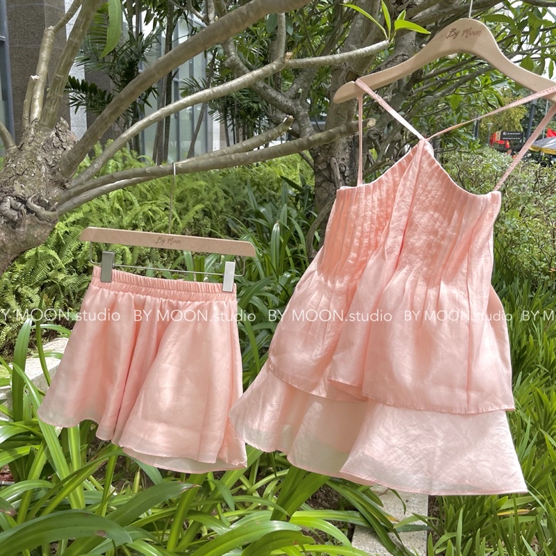 Set áo 2 dây bồng + quần short váy von cao cấp  thời trang thiết kế BY MOON, set đi biển ảnh thật S011