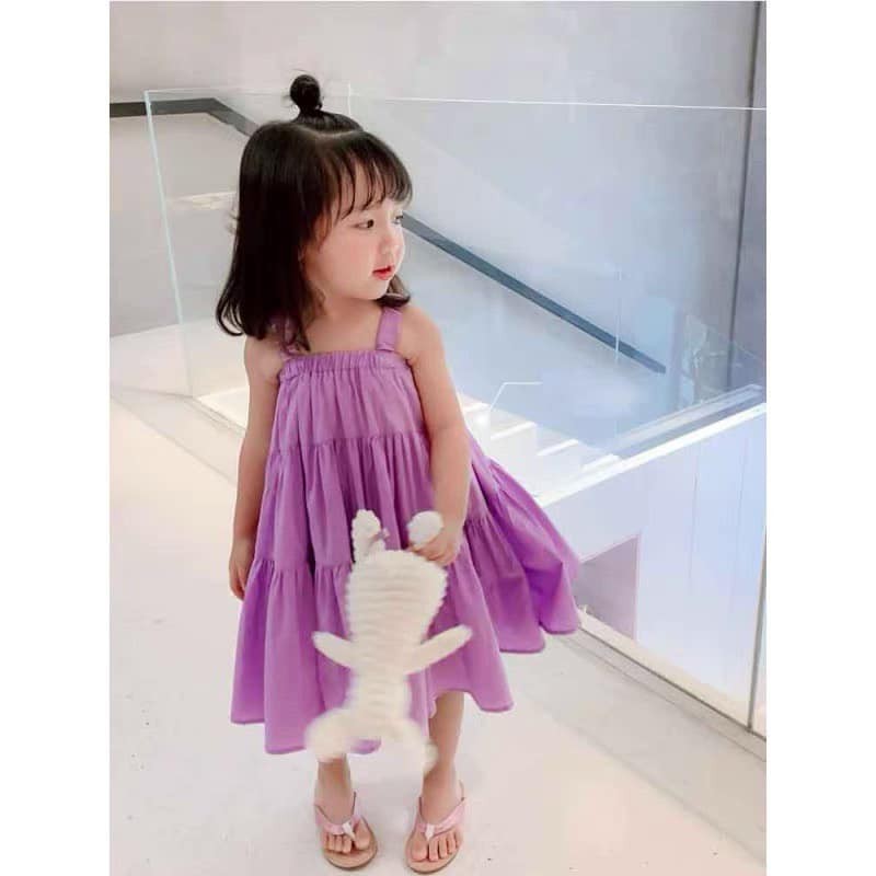 Váy đầm bé gái chất thô đũi tím hai dây dáng baby doll