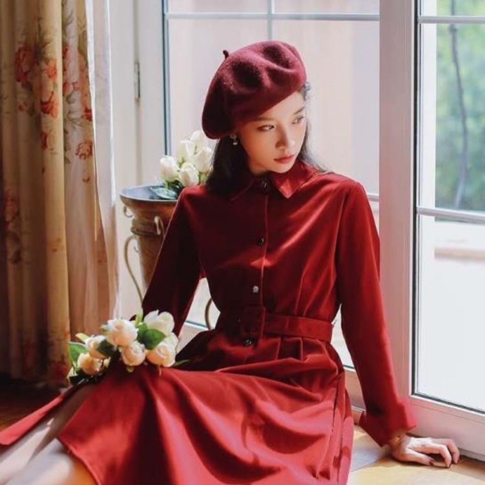 Đầm Nhung Dài Tay Ôm Eo Màu Xanh Dương/Đỏ/Đen Phong Cách Retro Pháp Thời Trang Cho Nữ