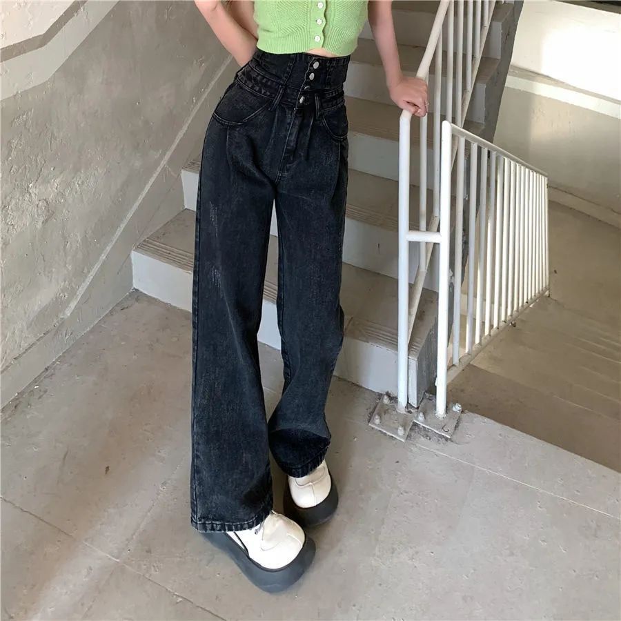 Jiashucheng Hàng Có Sẵn Quần Jean Nữ Lưng Cao Ống Rộng Phong Cách Retro Mùa Hè Mới