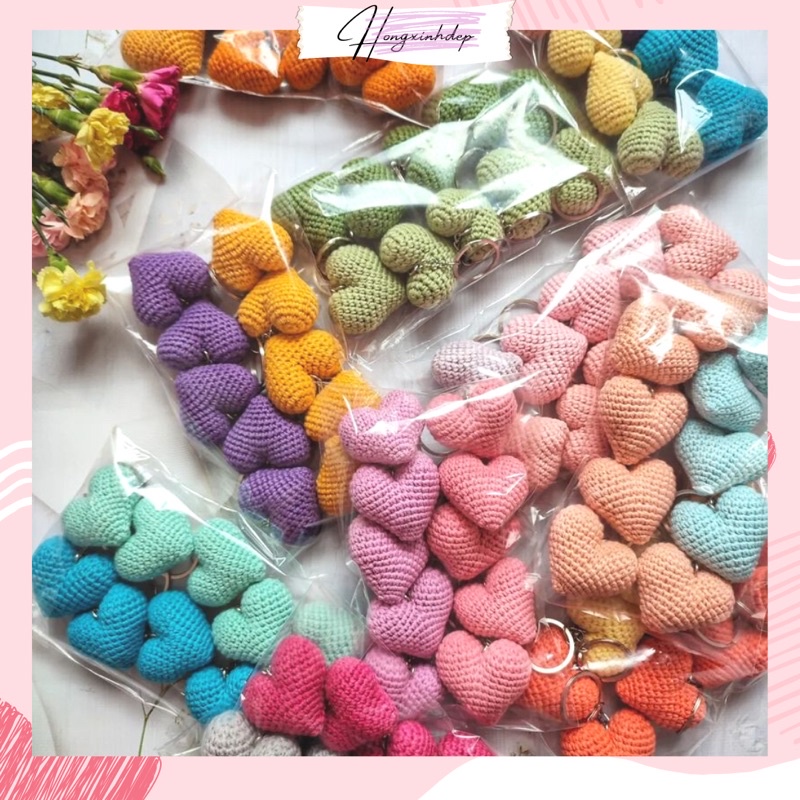 Móc Khóa Cute hình trái tim dễ thương bằng len, móc khoá trái tim handmade