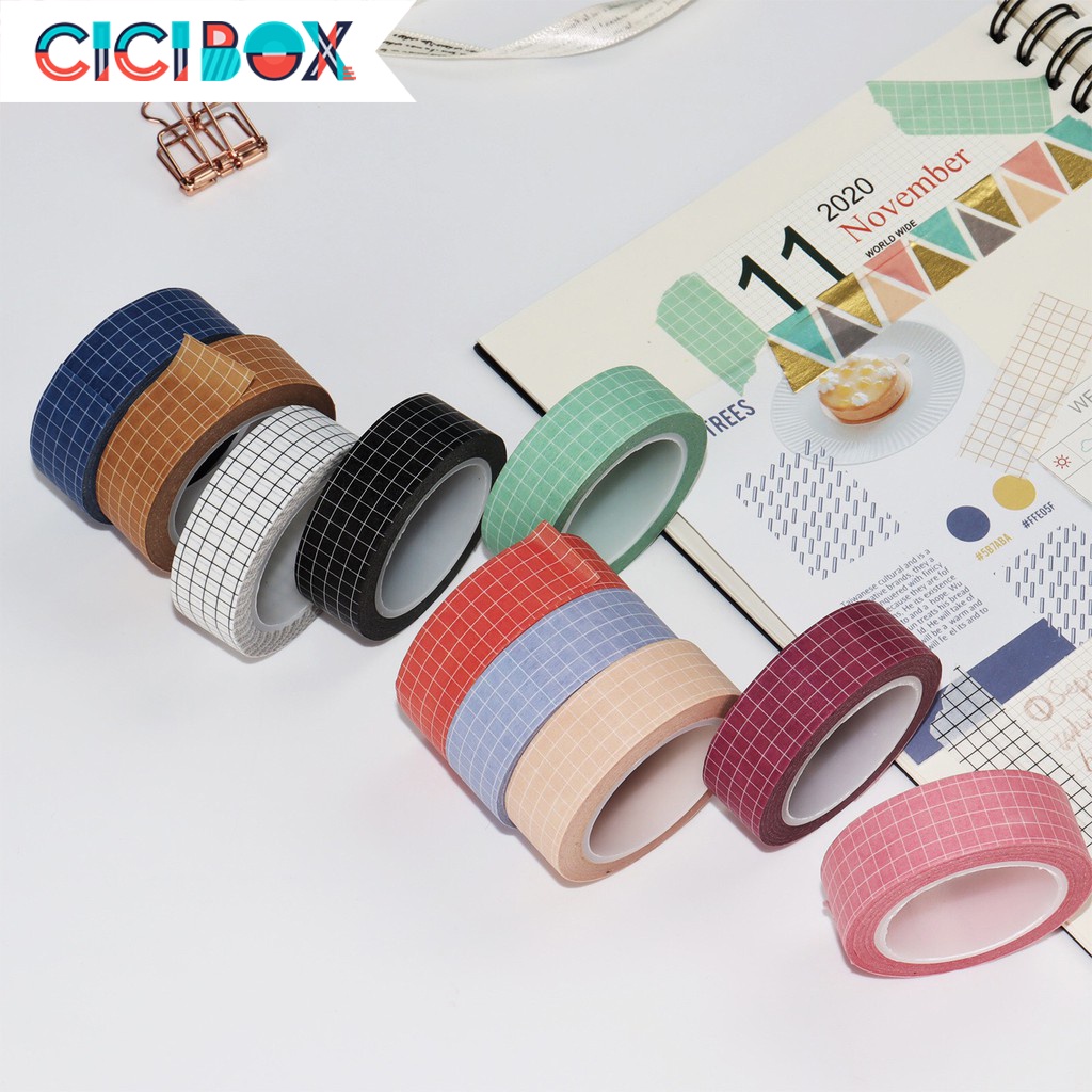 Cuộn băng giấy washi trang trí đa năng 10m, Cuộn băng keo Washi Tape Caro nhiều màu sắc CICIBOX