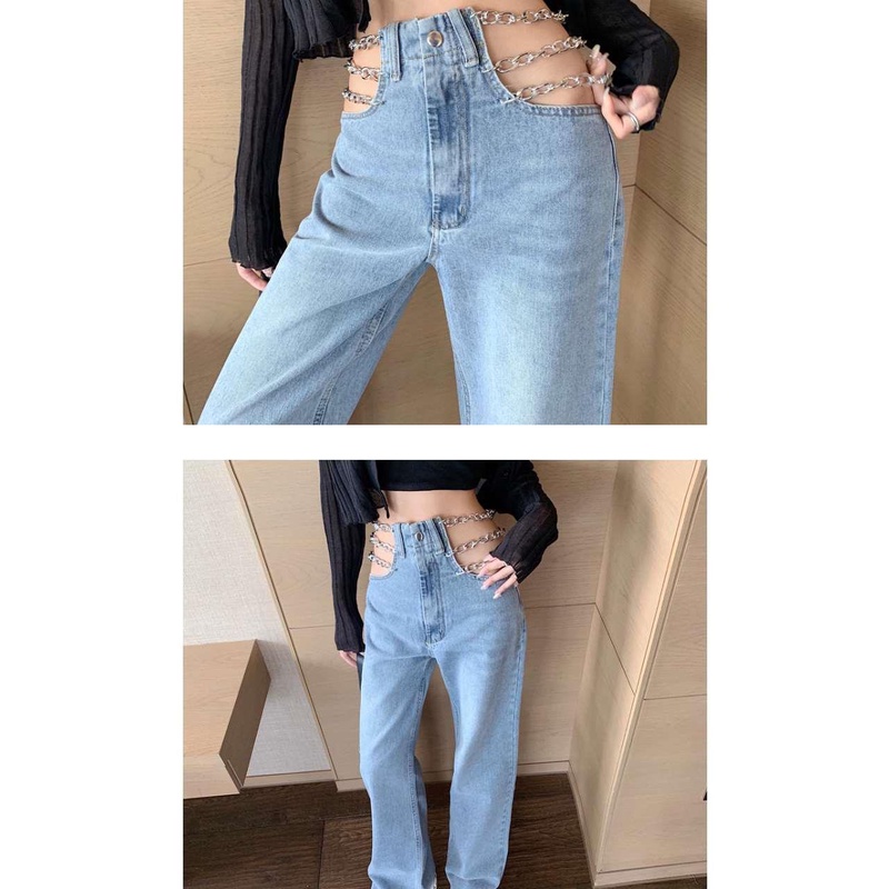 Quần jean lưng cao ống rộng phối dây xích phong cách Hàn quốc