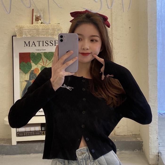 Áo Croptop Dệt Kim Tay áo dài Hoạ Tiết Chữ Thêu Phong Cách Hàn Quốc | BigBuy360 - bigbuy360.vn