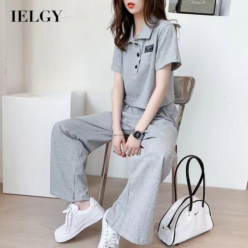 Bộ IELGY gồm áo cổ polo phối quần dài kiểu thể thao phong cách Hàn Quốc thời trang cho nữ